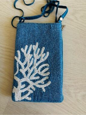 Blue Beaded Coral Motif Crossbody Bag - Women